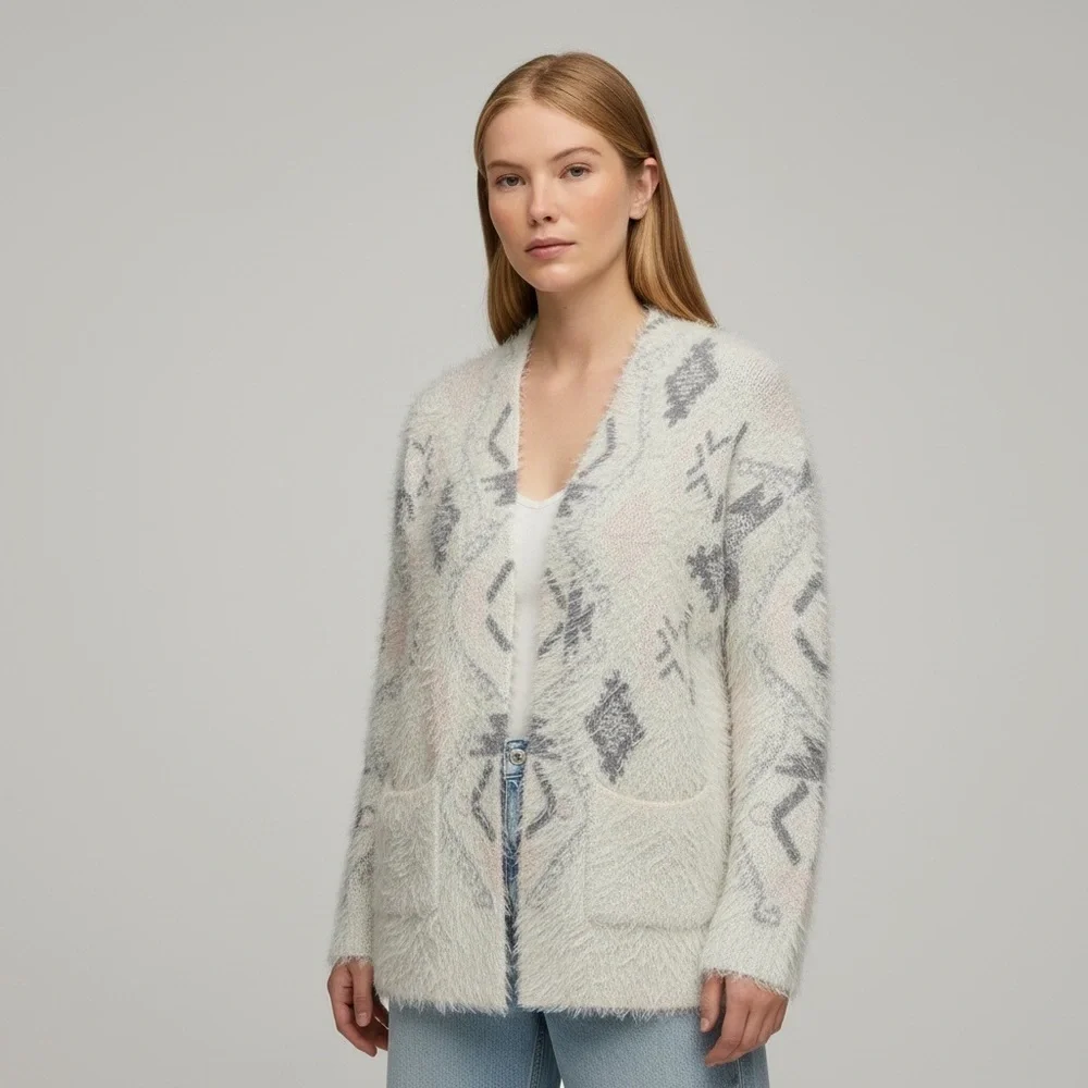 Knox Rose Cream and Gray Geometric Women’s Cardigan Size XS